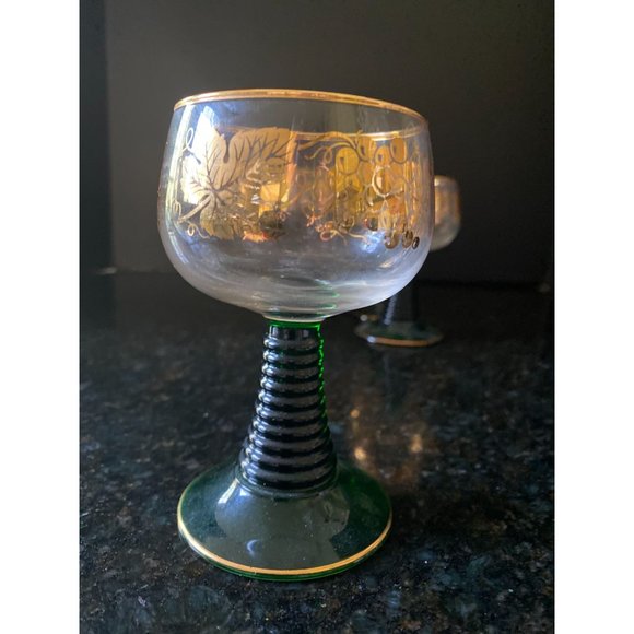 Wine Glasses, 4 3/8" Etched Gold Grapes with Green Beehive Stem, French, Qty. 6 - Picture 2 of 8